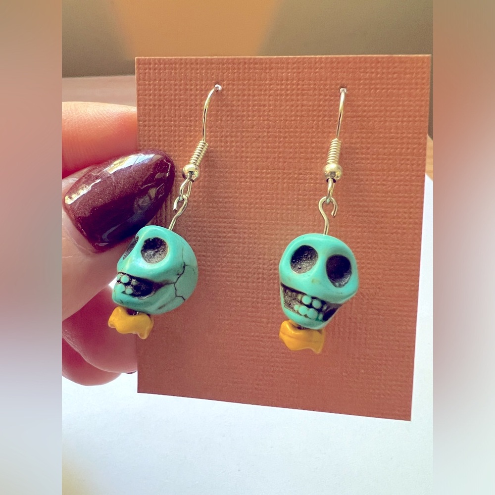 Stone Skull Dangle Earrings in Blue and Yellow